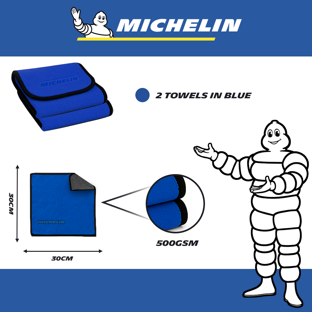 MICHELIN 500 GSM Pack of 2 (30x30 cm) Microfiber Cleaning Cloth for Car Double Sided, Super Absorbent, Lint-Free & Scratch-Free, Durable Ultra-Plush Cleaning Towel for Car, Bike & Glass