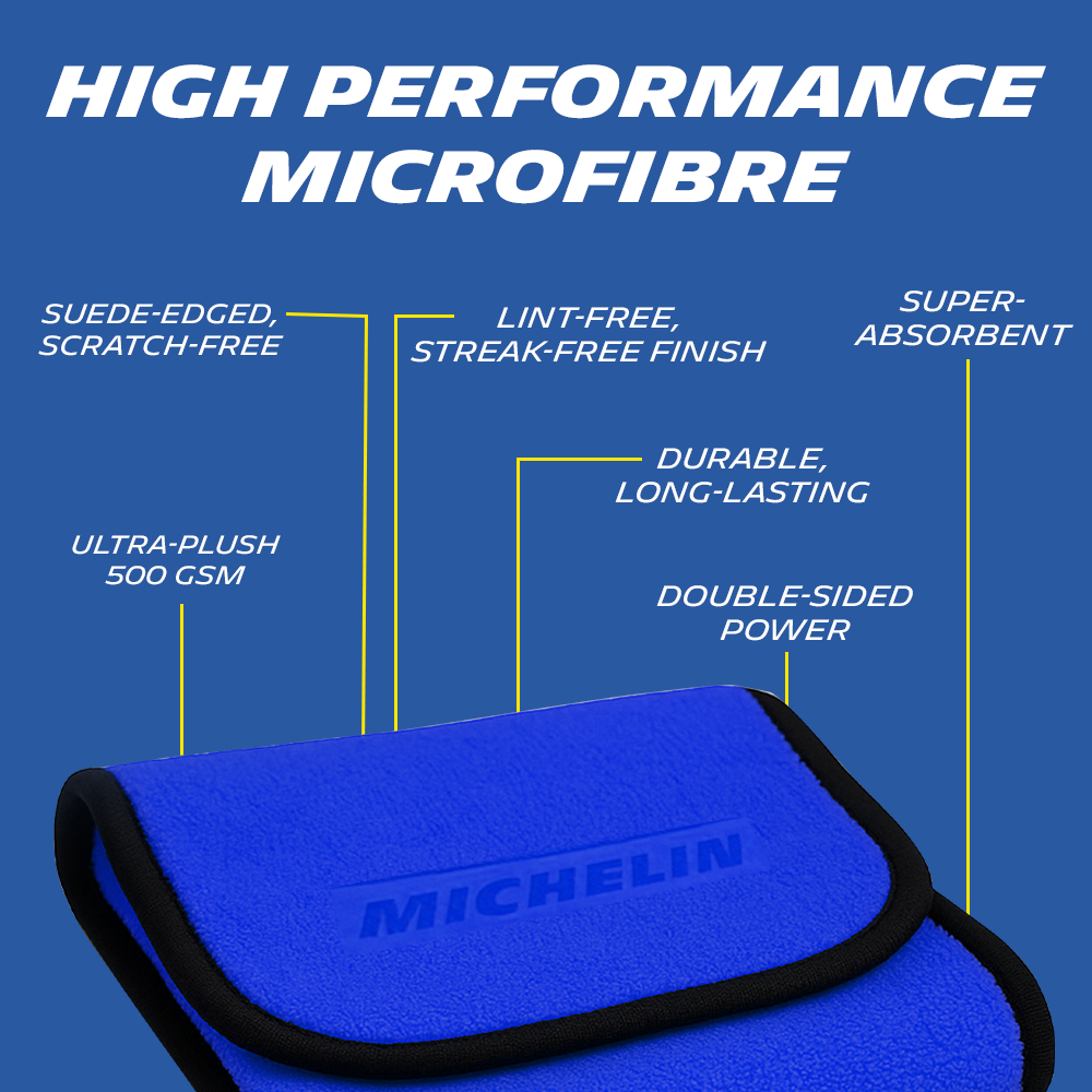 MICHELIN 500 GSM Pack of 2 (30x30 cm) Microfiber Cleaning Cloth for Car Double Sided, Super Absorbent, Lint-Free & Scratch-Free, Durable Ultra-Plush Cleaning Towel for Car, Bike & Glass